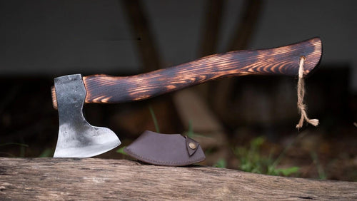 Handmade Bushcraft Axe – Carbon Steel Camping Hatchet with Ash Wood Handle & Leather Sheath