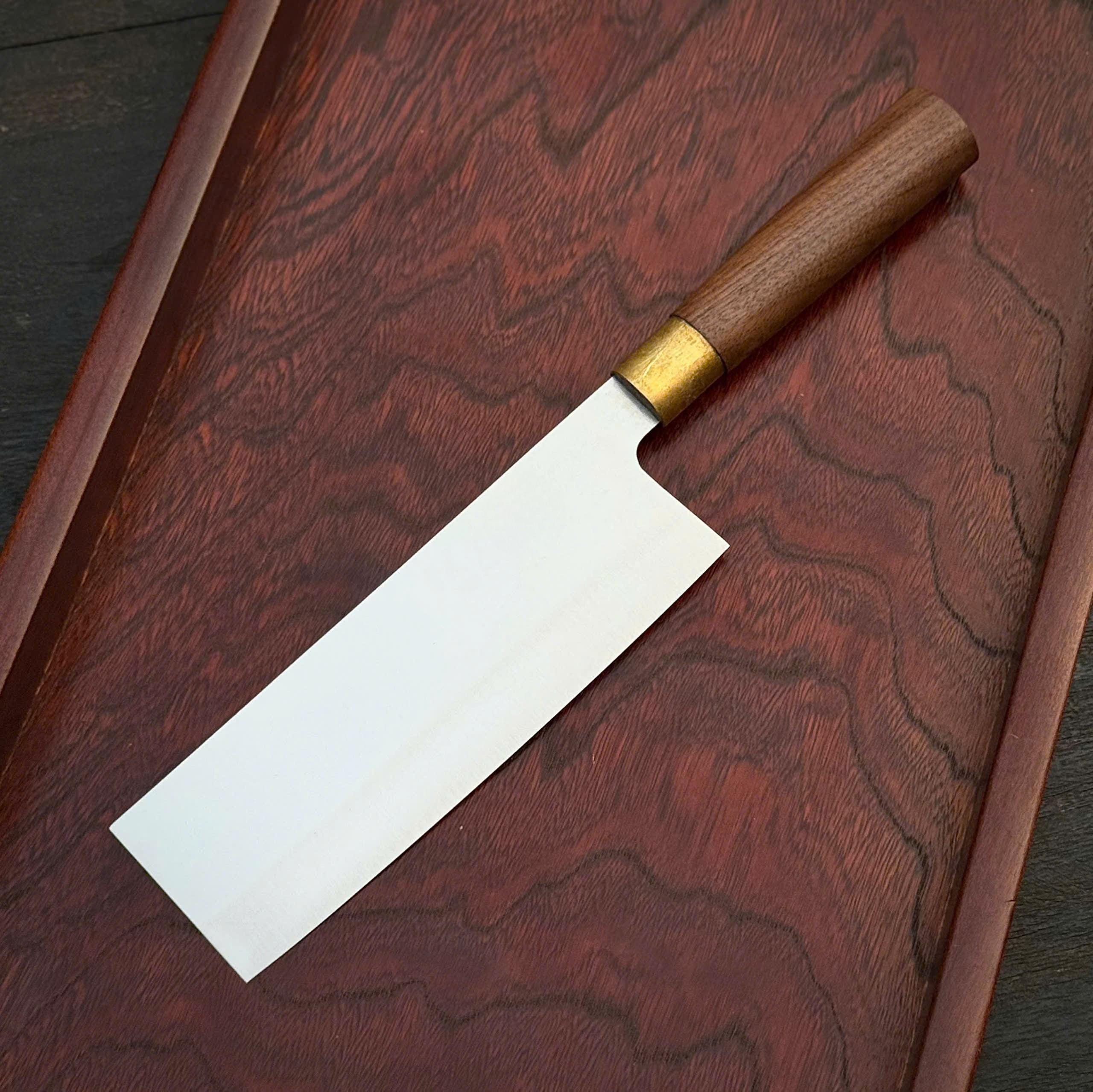 Santoku Stainless Steel Chef Knife – Handmade with Walnut Wood Handle & Brass Fittings Nakiri