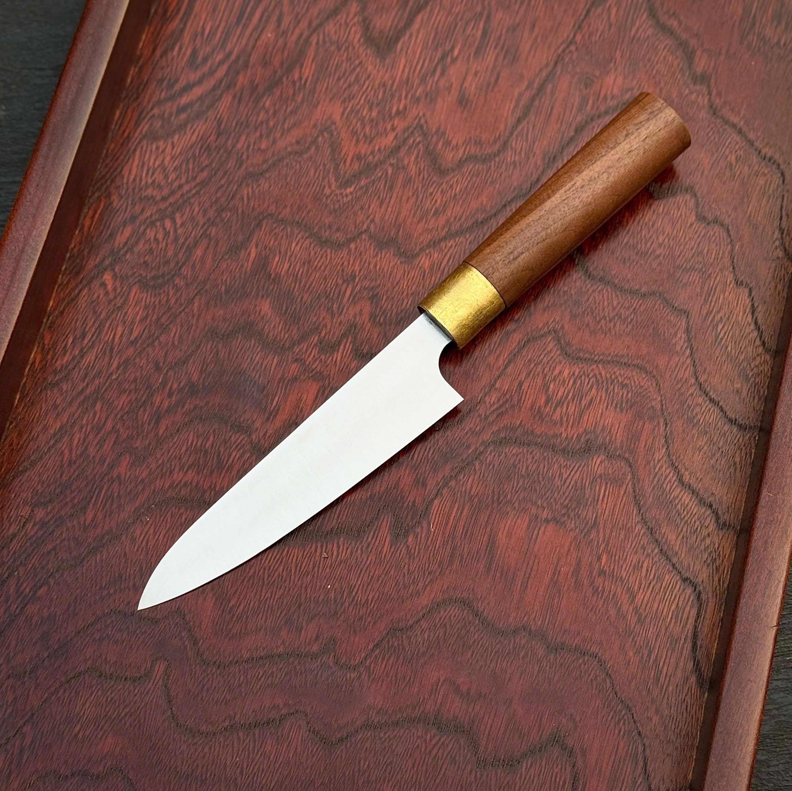 Santoku Stainless Steel Chef Knife – Handmade with Walnut Wood Handle & Brass Fittings Petty