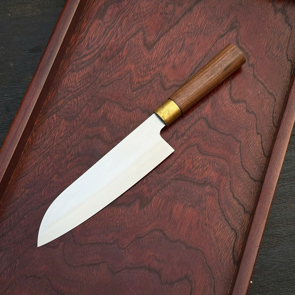 Santoku Stainless Steel Chef Knife – Handmade with Walnut Wood Handle & Brass Fittings Santoku