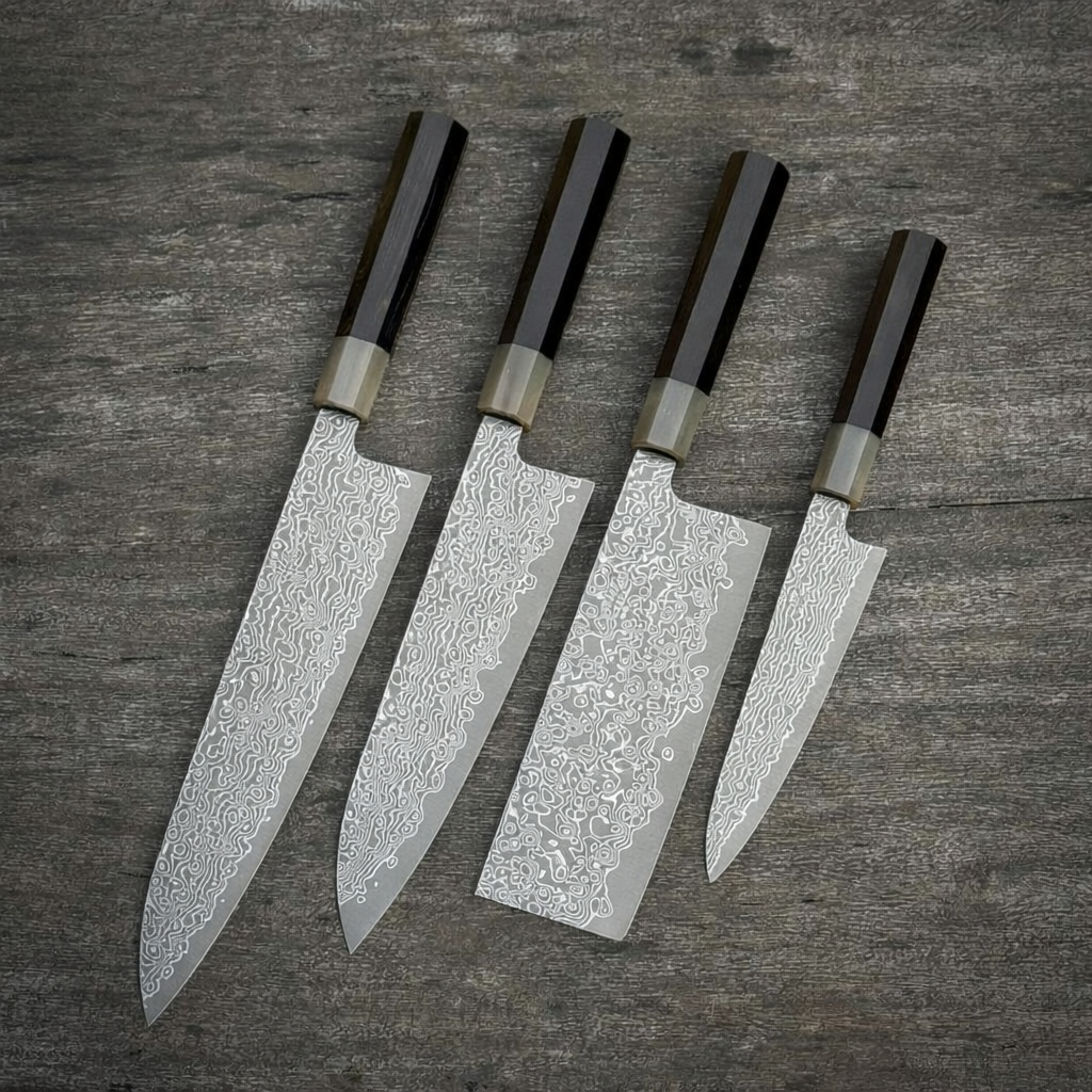 Gyuto Damascus Chef Knife 210mm - Hand-Forged Vietnamese Craftsmanship with Japanese Technique Combo 4 pcs