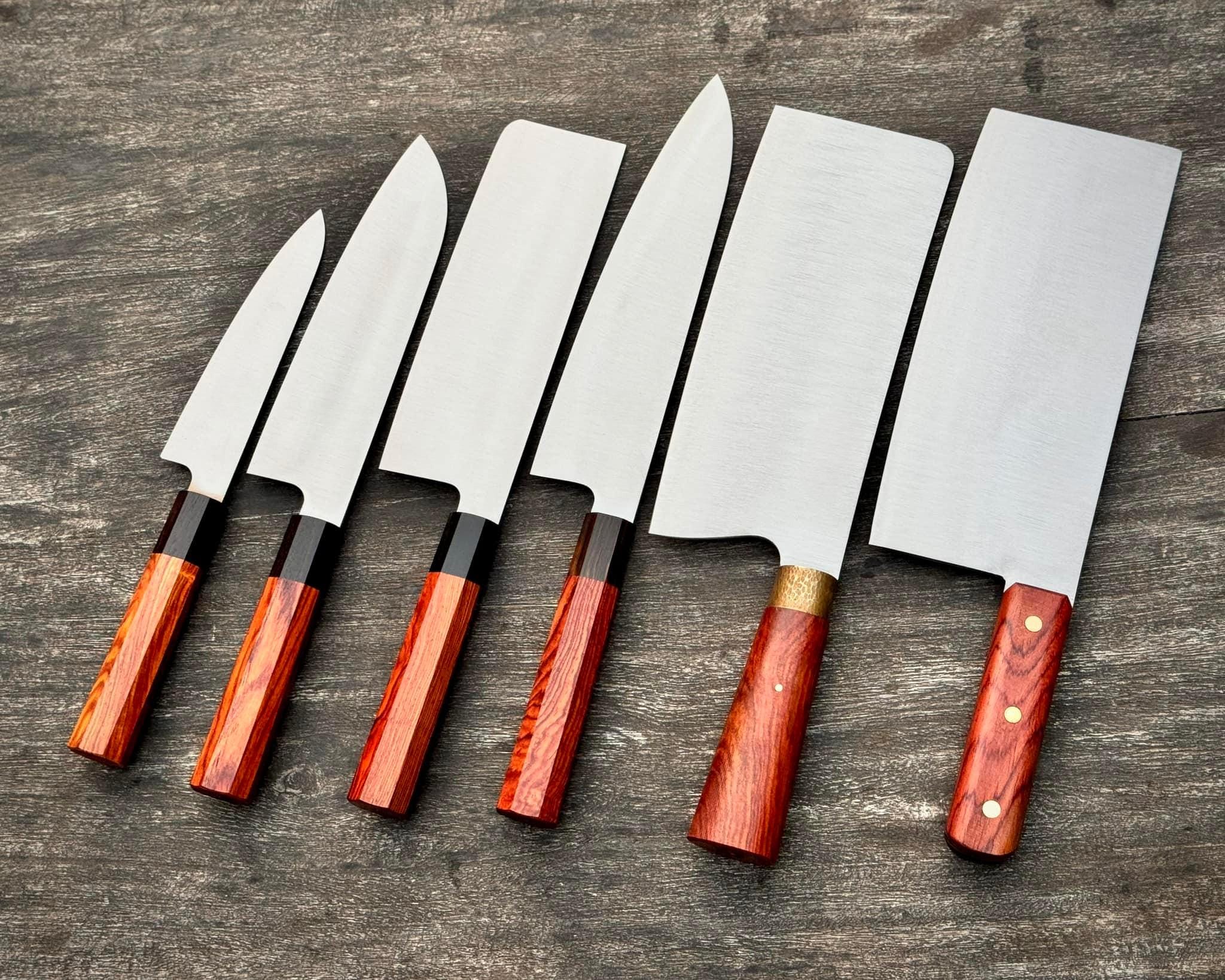 3 Piece Chef Knife Set Nakiri Santoku Serbian Walnut Handles Combo 6pcs